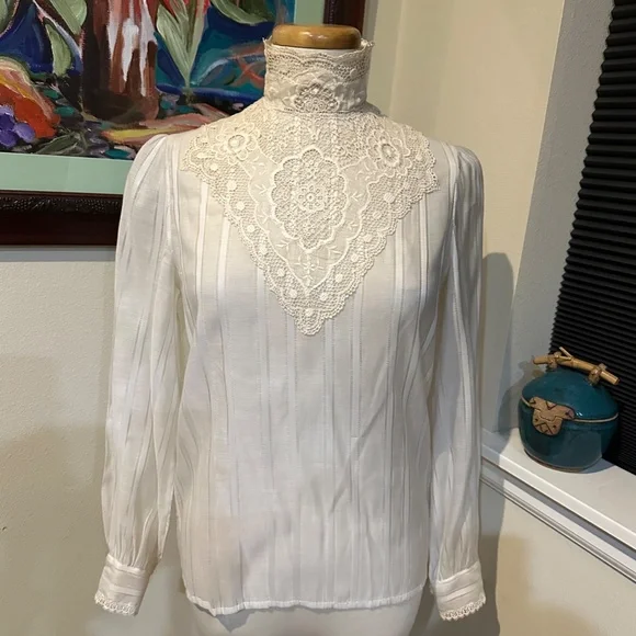 Victorian Style High Neck Lace Trimmed Blouse 60s - Main Image